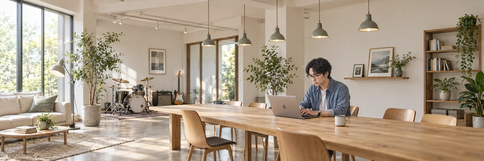 楽器と植物のある明るい部屋で、ノートパソコンに向かう人物の写真風イメージ